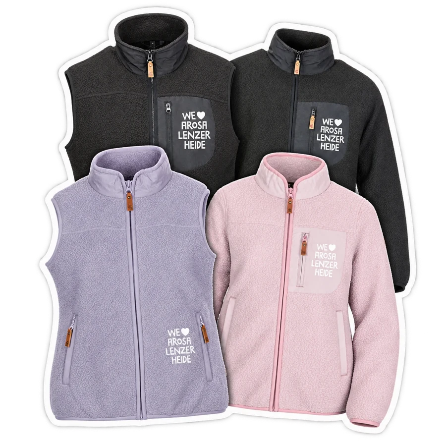 WLAL Fleece-Gilets und Fleece-Jacken in Schwarz, Lila und Rosa mit We love Arosa Lenzerheide Logo